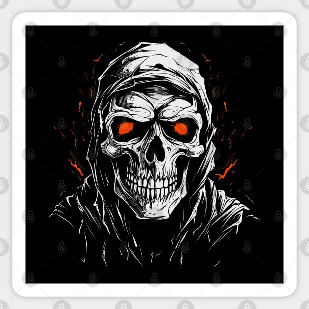 Skull in a Hood with Orange Eyes Sticker by wordwearstyle